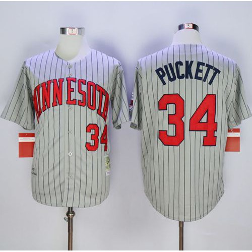 Mitchell And Ness 1987 Minnesota Twins #34 Kirby Puckett Grey Throwback Stitched Jersey Men's cheap jerseys for sale - CheapJerseys.Shop