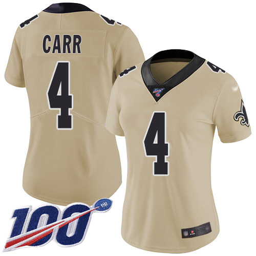 Saints #4 Derek Carr Gold Women's Stitched Limited Inverted Legend 100th Season Jersey cheap jerseys for sale - CheapJerseys.Shop