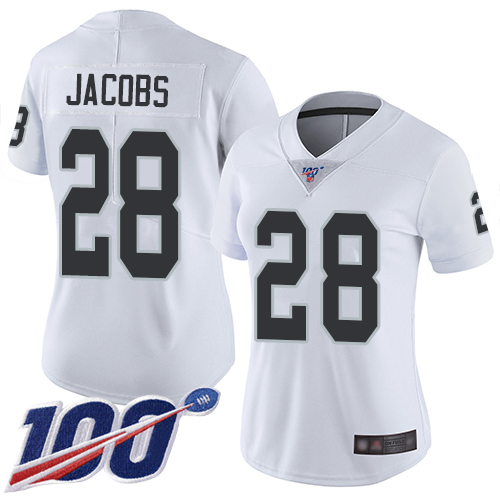 Raiders #28 Josh Jacobs White Women's Stitched 100th Season Vapor Limited Jersey cheap jerseys for sale - CheapJerseys.Shop
