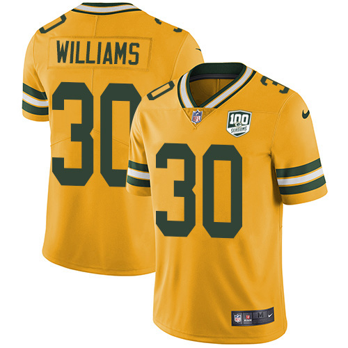 Green Bay Packers #30 Jamaal Williams Yellow Men's 100th Season Stitched Limited Rush Jersey Men's cheap jerseys for sale - CheapJerseys.Shop
