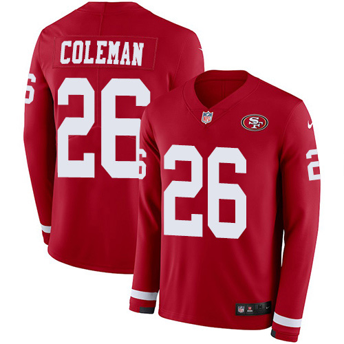 San Francisco 49ers #26 Tevin Coleman Red Team Color Men's Stitched Limited Therma Long Sleeve Jersey Men's cheap jerseys for sale - CheapJerseys.Shop