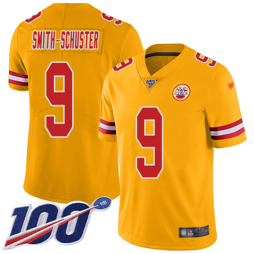 Chiefs #9 JuJu Smith-Schuster Gold Youth Stitched Limited Inverted Legend 100th Season Jersey cheap jerseys for sale - CheapJerseys.Shop