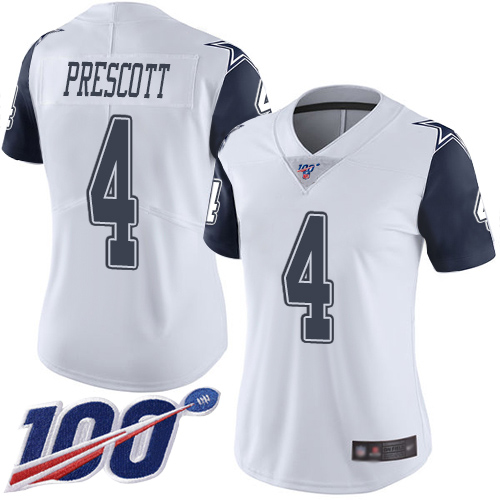 Cowboys #4 Dak Prescott White Women's Stitched Limited Rush 100th Season Jersey cheap jerseys for sale - CheapJerseys.Shop