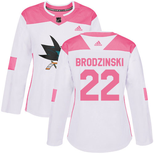 San Jose Sharks #22 Jonny Brodzinski White/Pink Authentic Fashion Women's Stitched Jersey Womens cheap jerseys for sale - CheapJerseys.Shop