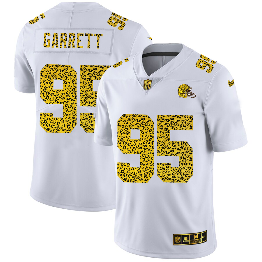 Cleveland Browns #95 Myles Garrett Men's Flocked Leopard Print Vapor Limited Jersey White cheap jerseys for sale - CheapJerseys.Shop