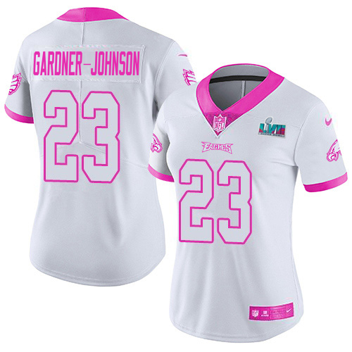 Eagles #23 C.J. Gardner-Johnson White/Pink Super Bowl LVII Patch Women's Stitched Limited Rush Fashion Jersey cheap jerseys for sale - CheapJerseys.Shop