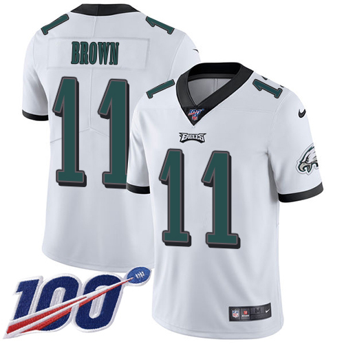 Eagles #11 A.J. Brown White Men's Stitched 100th Season Vapor Untouchable Limited Jersey cheap jerseys for sale - CheapJerseys.Shop
