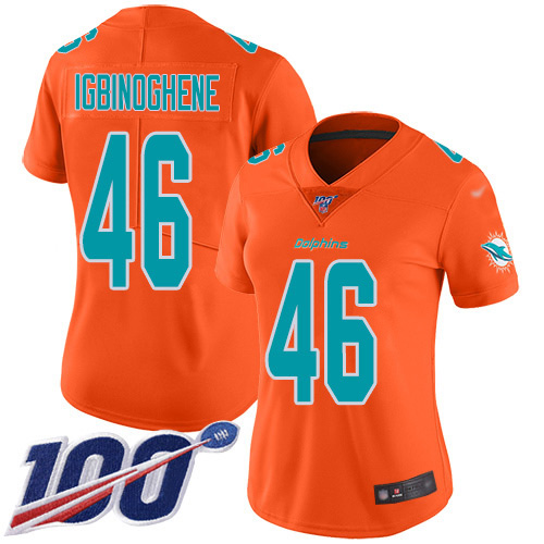 Miami Dolphins #46 Noah Igbinoghene Orange Women's Stitched Limited Inverted Legend 100th Season Jersey Womens cheap jerseys for sale - CheapJerseys.Shop