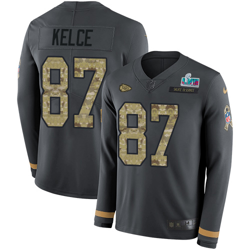 Chiefs #87 Travis Kelce Anthracite Super Bowl LVII Patch Salute To Service Youth Stitched Limited Therma Long Sleeve Jersey cheap jerseys for sale - CheapJerseys.Shop