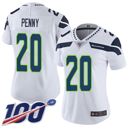 Seattle Seahawks #20 Rashaad Penny White Women's Stitched 100th Season Vapor Limited Jersey Womens cheap jerseys for sale - CheapJerseys.Shop