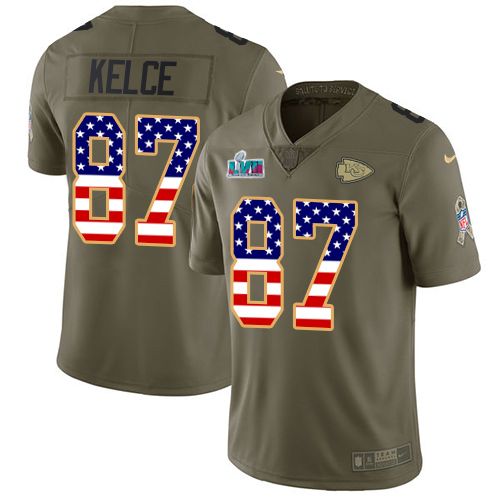 Chiefs #87 Travis Kelce Olive/USA Flag Super Bowl LVII Patch Youth Stitched Limited 2017 Salute To Service Jersey cheap jerseys for sale - CheapJerseys.Shop