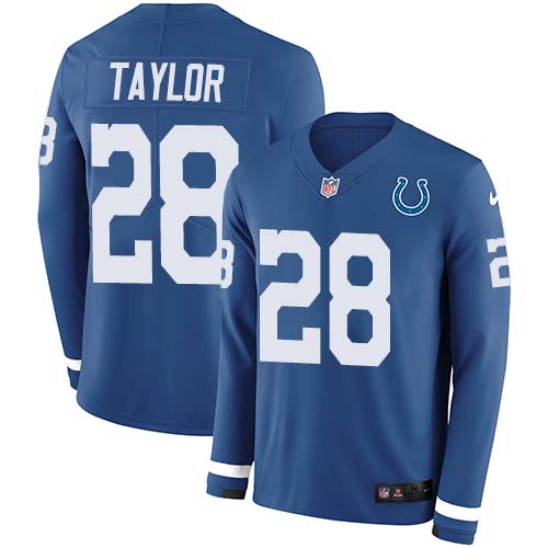 Colts #28 Jonathan Taylor Royal Blue Team Color Youth Stitched Limited Therma Long Sleeve Jersey cheap jerseys for sale - CheapJerseys.Shop