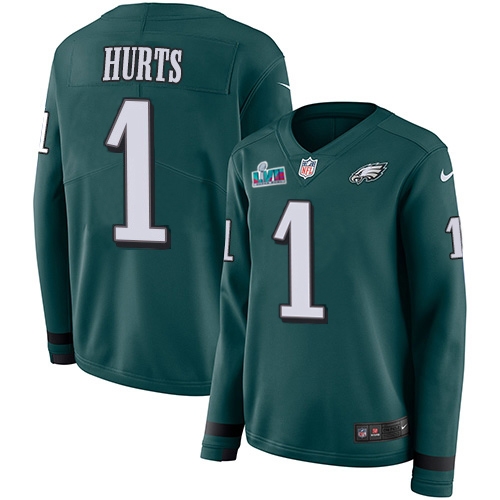 Eagles #1 Jalen Hurts Green Super Bowl LVII Patch Team Color Women's Stitched Limited Therma Long Sleeve Jersey cheap jerseys for sale - CheapJerseys.Shop