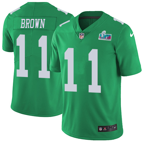 Eagles #11 A.J. Brown Green Super Bowl LVII Patch Men's Stitched Limited Rush Jersey cheap jerseys for sale - CheapJerseys.Shop