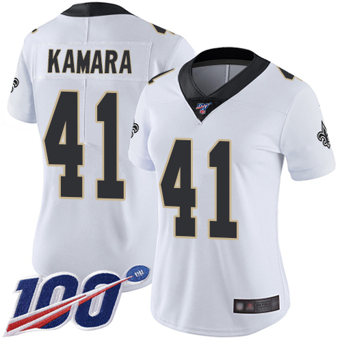 Saints #41 Alvin Kamara White Women's Stitched 100th Season Vapor Limited Jersey cheap jerseys for sale - CheapJerseys.Shop