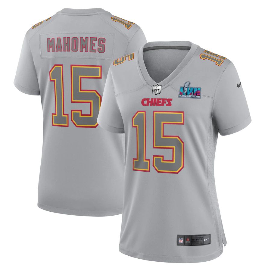 Chiefs #15 Patrick Mahomes Women's Super Bowl LVII Patch Atmosphere Fashion Game Jersey - Gray cheap jerseys for sale - CheapJerseys.Shop