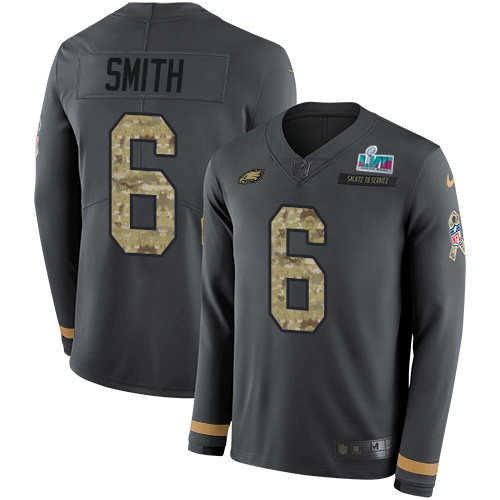 Eagles #6 DeVonta Smith Anthracite Super Bowl LVII Patch Salute To Service Men's Stitched Limited Therma Long Sleeve Jersey cheap jerseys for sale - CheapJerseys.Shop