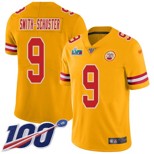 Chiefs #9 JuJu Smith-Schuster Gold Super Bowl LVII Patch Youth Stitched Limited Inverted Legend 100th Season Jersey cheap jerseys for sale - CheapJerseys.Shop