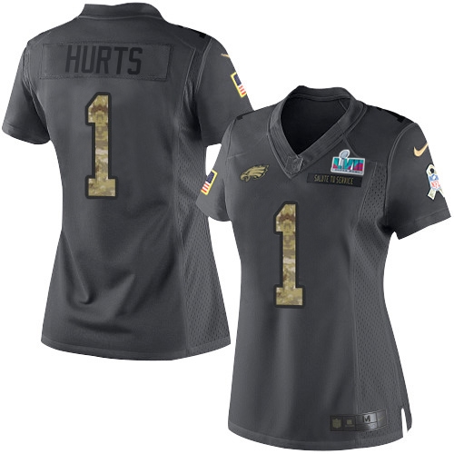 Eagles #1 Jalen Hurts Black Super Bowl LVII Patch Women's Stitched Limited 2016 Salute To Service Jersey cheap jerseys for sale - CheapJerseys.Shop