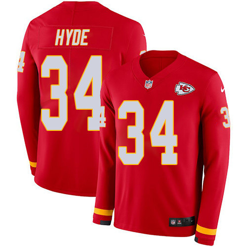 Kansas City Chiefs #34 Carlos Hyde Red Team Color Men's Stitched Limited Therma Long Sleeve Jersey Men's cheap jerseys for sale - CheapJerseys.Shop