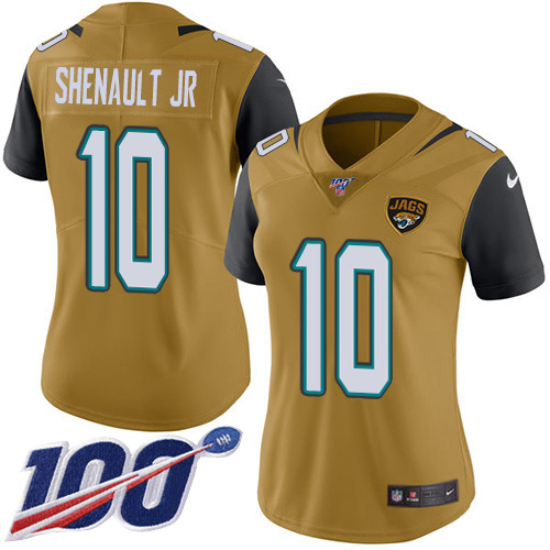 Jacksonville Jaguars #10 Laviska Shenault Jr. Gold Women's Stitched Limited Rush 100th Season Jersey Womens cheap jerseys for sale - CheapJerseys.Shop