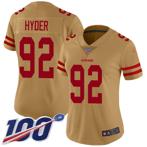 San Francisco 49ers #92 Kerry Hyder Gold Women's Stitched Limited Inverted Legend 100th Season Jersey Womens cheap jerseys for sale - CheapJerseys.Shop