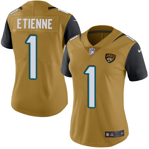 Jaguars #1 Travis Etienne Gold Women's Stitched Limited Rush Jersey cheap jerseys for sale - CheapJerseys.Shop