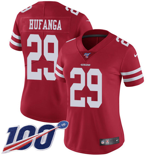 49ers #29 Talanoa Hufanga Red Team Color Women's Stitched 100th Season Vapor Limited Jersey cheap jerseys for sale - CheapJerseys.Shop