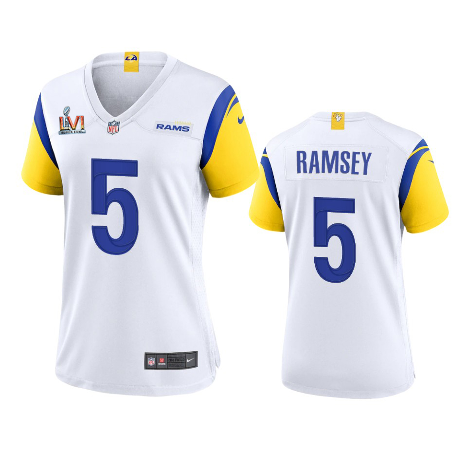 Los Angeles Rams #5 Jalen Ramsey Women's Super Bowl LVI Patch Alternate Game Jersey - White cheap jerseys for sale - CheapJerseys.Shop