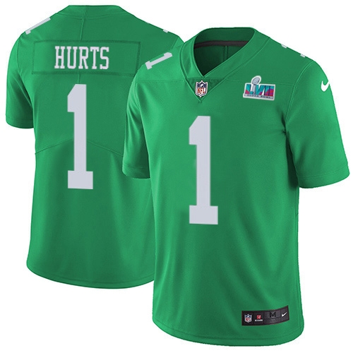 Eagles #1 Jalen Hurts Green Super Bowl LVII Patch Men's Stitched Limited Rush Jersey cheap jerseys for sale - CheapJerseys.Shop