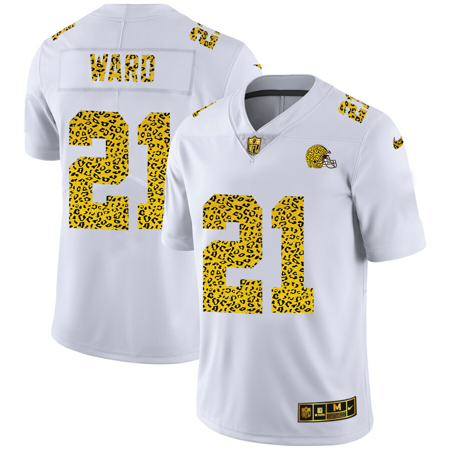 Cleveland Browns #21 Denzel Ward Men's Flocked Leopard Print Vapor Limited Jersey White cheap jerseys for sale - CheapJerseys.Shop