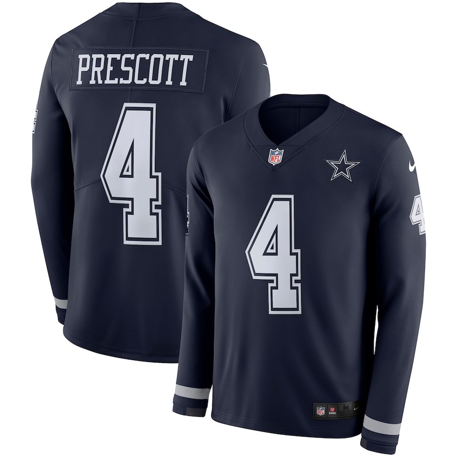 Men's Cowboys #4 Dak Prescott Navy Blue Team Color Men's Stitched Limited Therma Long Sleeve Jersey cheap jerseys for sale - CheapJerseys.Shop