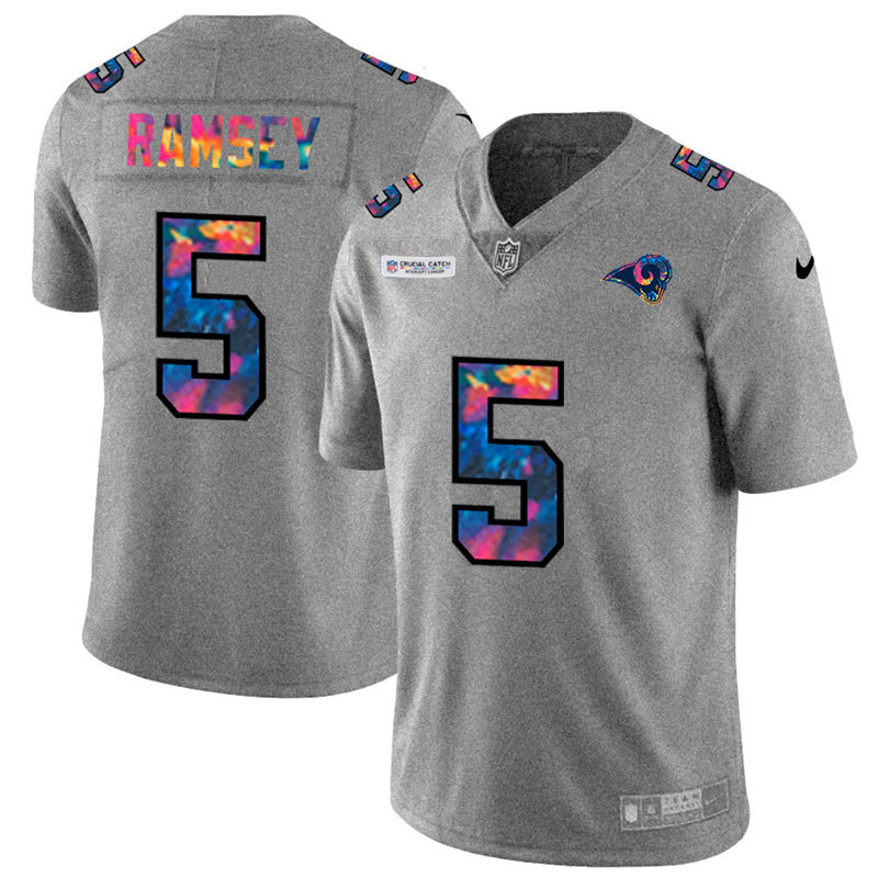 Los Angeles Rams #5 Jalen Ramsey Men's Multi-Color 2020 Crucial Catch Jersey Greyheather cheap jerseys for sale - CheapJerseys.Shop