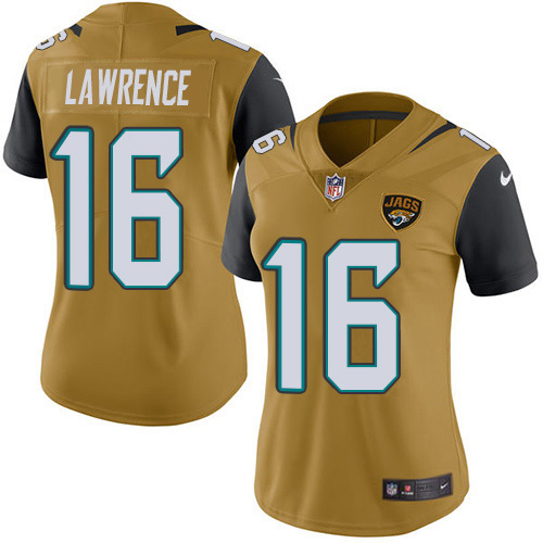 Jaguars #16 Trevor Lawrence Gold Women's Stitched Limited Rush Jersey cheap jerseys for sale - CheapJerseys.Shop