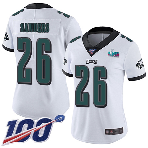 Eagles #26 Miles Sanders White Super Bowl LVII Patch Women's Stitched 100th Season Vapor Limited Jersey cheap jerseys for sale - CheapJerseys.Shop
