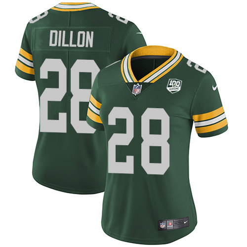 Packers #28 AJ Dillon Green Team Color Women's 100th Season Stitched Vapor Untouchable Limited Jersey cheap jerseys for sale - CheapJerseys.Shop