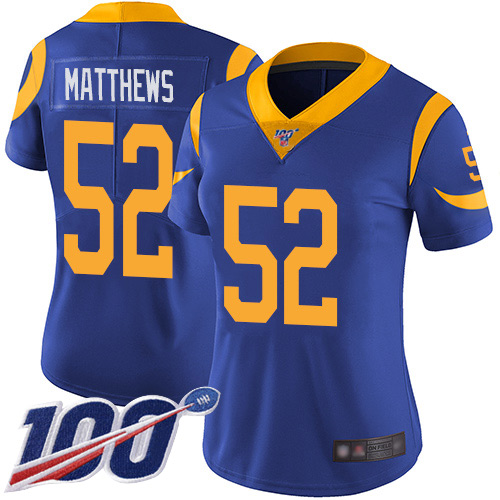 Los Angeles Rams #52 Clay Matthews Royal Blue Alternate Women's Stitched 100th Season Vapor Limited Jersey Womens cheap jerseys for sale - CheapJerseys.Shop
