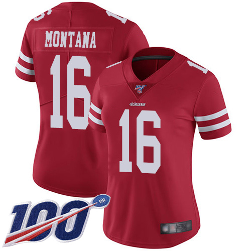 49ers #16 Joe Montana Red Team Color Women's Stitched 100th Season Vapor Limited Jersey cheap jerseys for sale - CheapJerseys.Shop