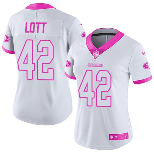San Francisco 49ers #42 Ronnie Lott White/Pink Women's Stitched Limited Rush Fashion Jersey Womens cheap jerseys for sale - CheapJerseys.Shop