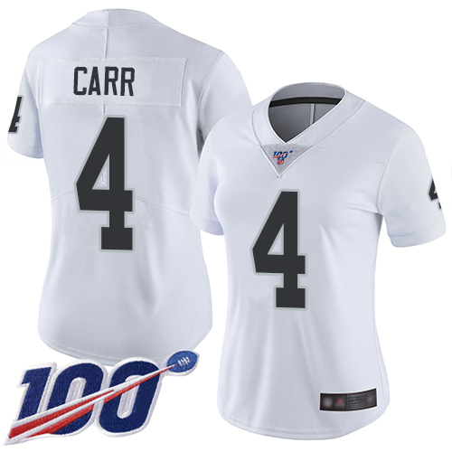 Raiders #4 Derek Carr White Women's Stitched 100th Season Vapor Limited Jersey cheap jerseys for sale - CheapJerseys.Shop