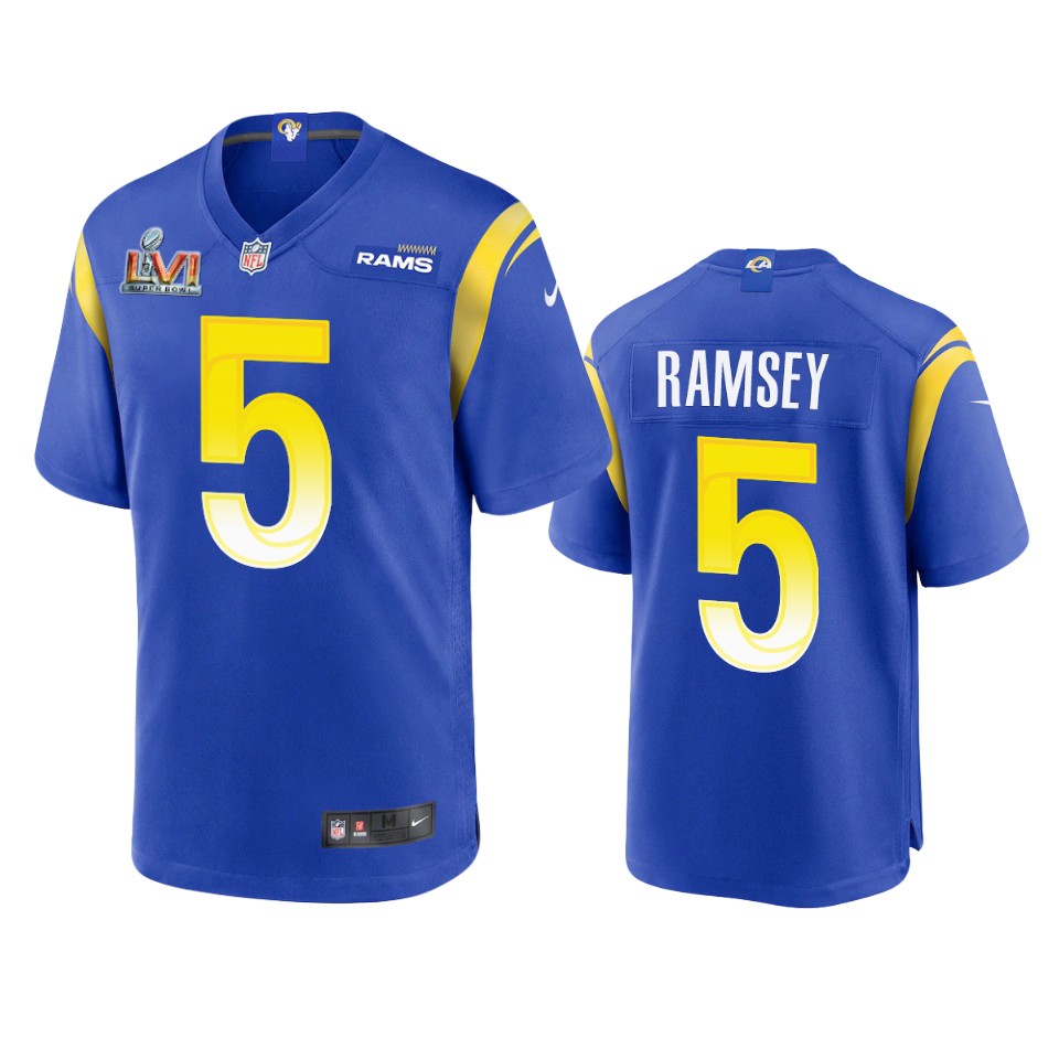 Los Angeles Rams #5 Jalen Ramsey Men's Super Bowl LVI Patch Game Jersey - Royal cheap jerseys for sale - CheapJerseys.Shop