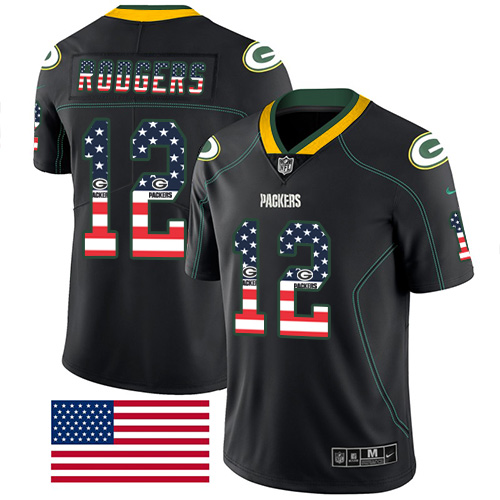 Packers #12 Aaron Rodgers Black Men's Stitched Limited Rush USA Flag Jersey cheap jerseys for sale - CheapJerseys.Shop