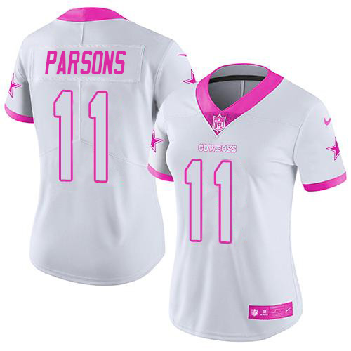 Cowboys #11 Micah Parsons White/Pink Women's Stitched Limited Rush Fashion Jersey cheap jerseys for sale - CheapJerseys.Shop