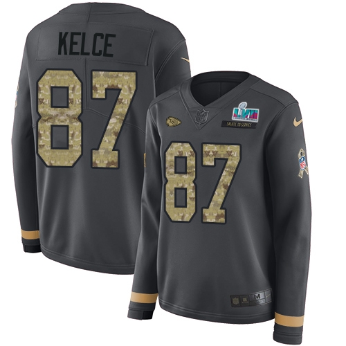 Chiefs #87 Travis Kelce Anthracite Super Bowl LVII Patch Salute To Service Women's Stitched Limited Therma Long Sleeve Jersey cheap jerseys for sale - CheapJerseys.Shop