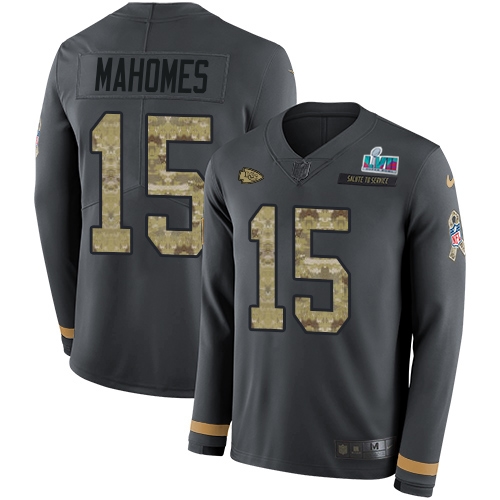 Chiefs #15 Patrick Mahomes Anthracite Super Bowl LVII Patch Salute To Service Men's Stitched Limited Therma Long Sleeve Jersey cheap jerseys for sale - CheapJerseys.Shop