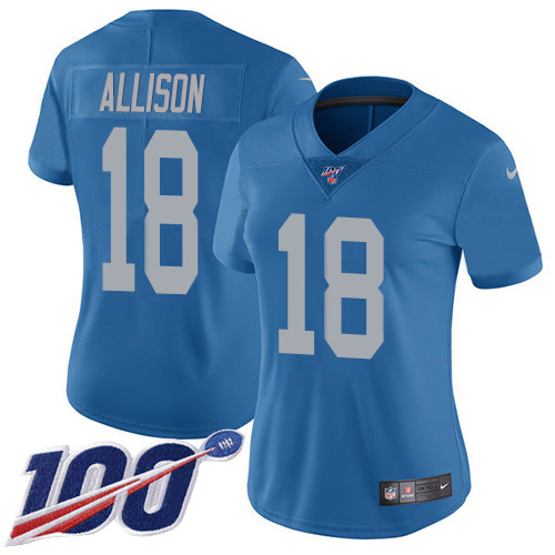 Detroit Lions #18 Geronimo Allison Blue Throwback Women's Stitched 100th Season Vapor Untouchable Limited Jersey Womens cheap jerseys for sale - CheapJerseys.Shop