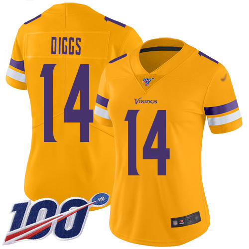 Minnesota Vikings #14 Stefon Diggs Gold Women's Stitched Limited Inverted Legend 100th Season Jersey Womens cheap jerseys for sale - CheapJerseys.Shop
