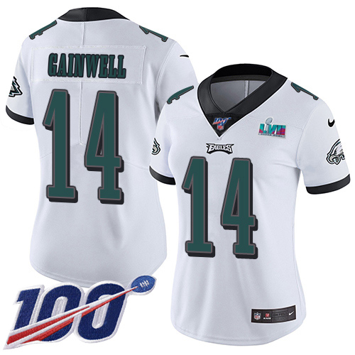 Eagles #14 Kenneth Gainwell White Super Bowl LVII Patch Women's Stitched 100th Season Vapor Untouchable Limited Jersey cheap jerseys for sale - CheapJerseys.Shop