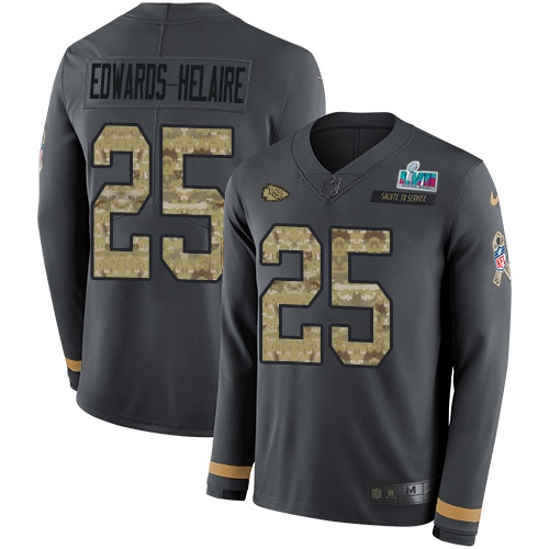 Chiefs #25 Clyde Edwards-Helaire Anthracite Super Bowl LVII Patch Salute To Service Youth Stitched Limited Therma Long Sleeve Jersey cheap jerseys for sale - CheapJerseys.Shop