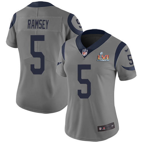 Rams #5 Jalen Ramsey Gray Super Bowl LVI Patch Women's Stitched Limited Inverted Legend Jersey cheap jerseys for sale - CheapJerseys.Shop
